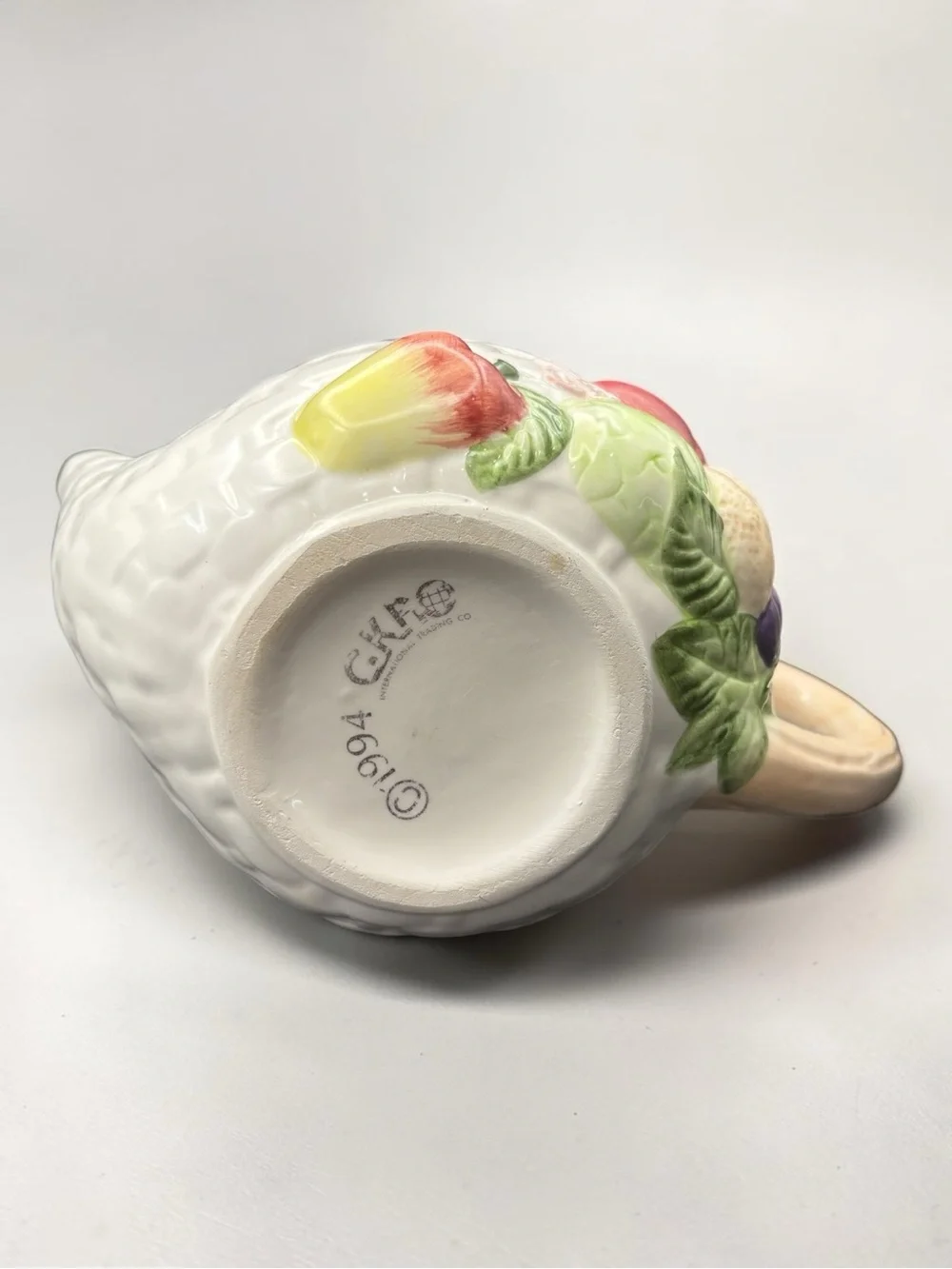 Vintage 1994 CKAO Ceramic Basket Weave W/ Fruit Design Tea Pot W/ Lid 7” Tall